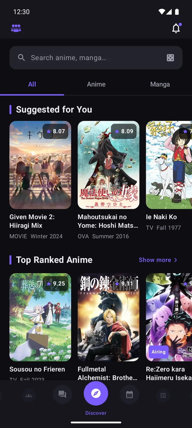 Discover screen with top anime rankings and recommendations