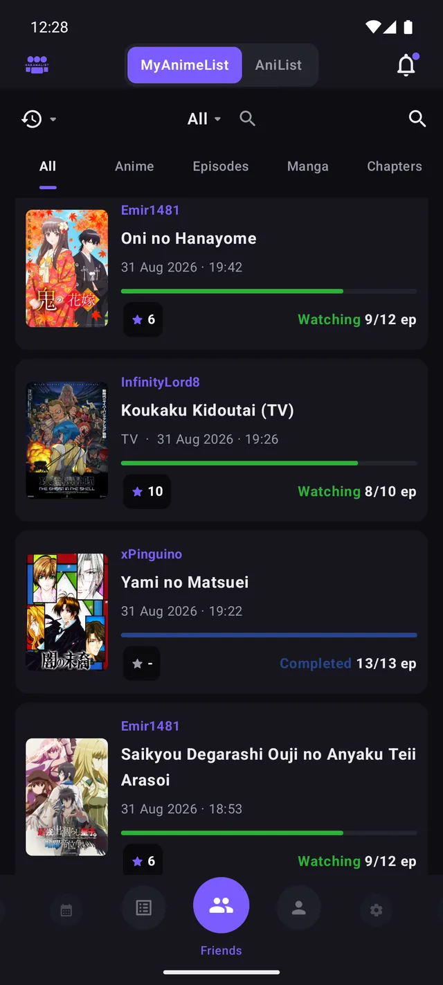 Friends activity feed merging MyAnimeList and AniList friends