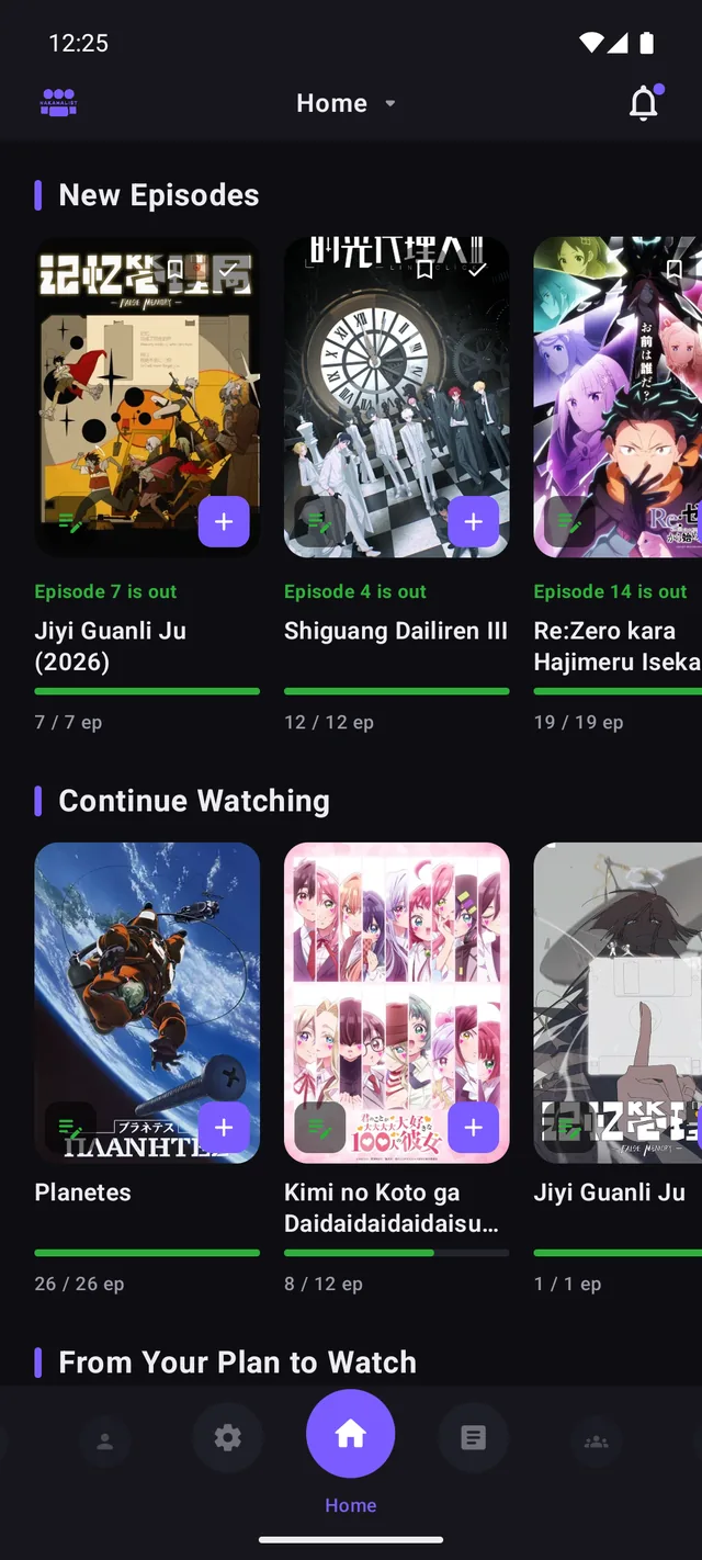 NakamaList home screen showing new episodes and Continue Watching
