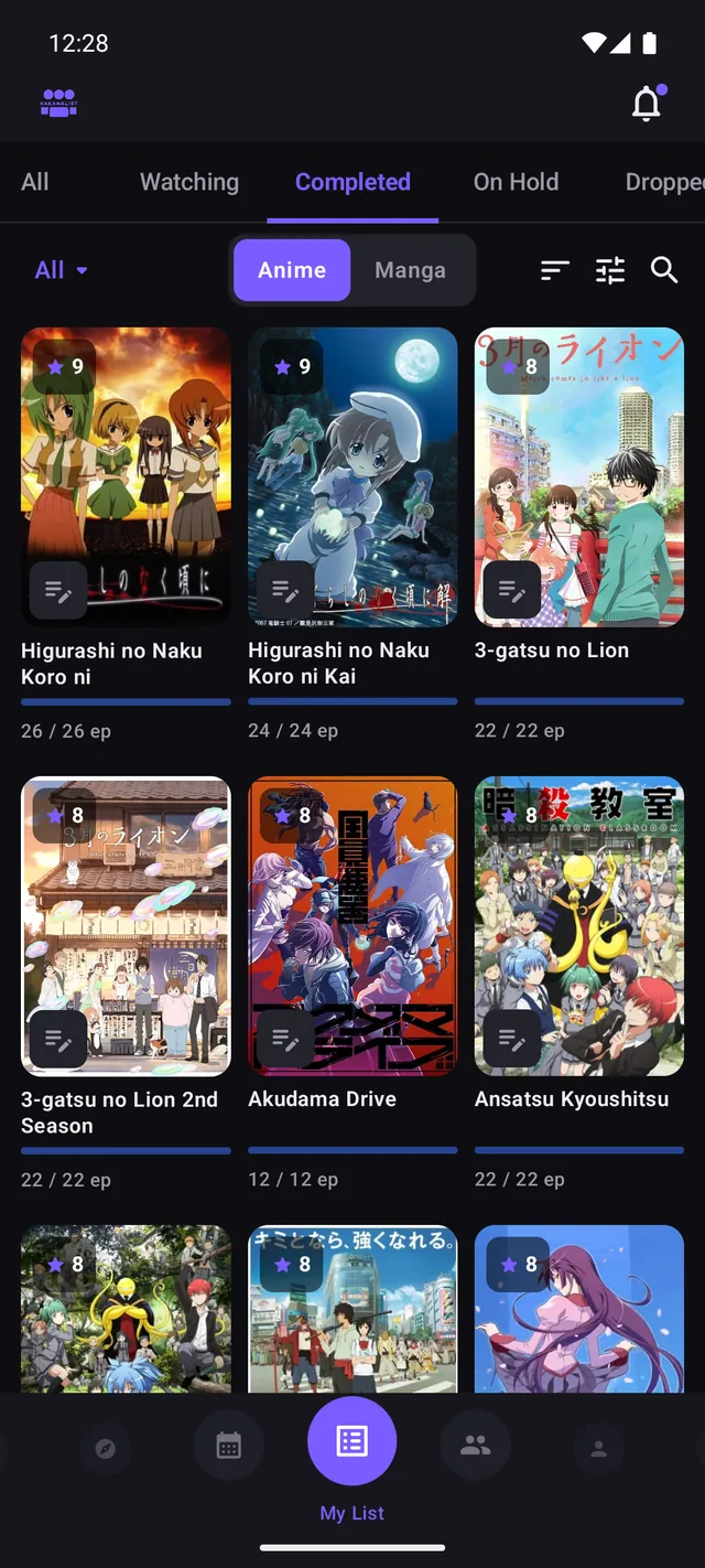 My List in NakamaList, tracking anime and manga with status tabs and scores