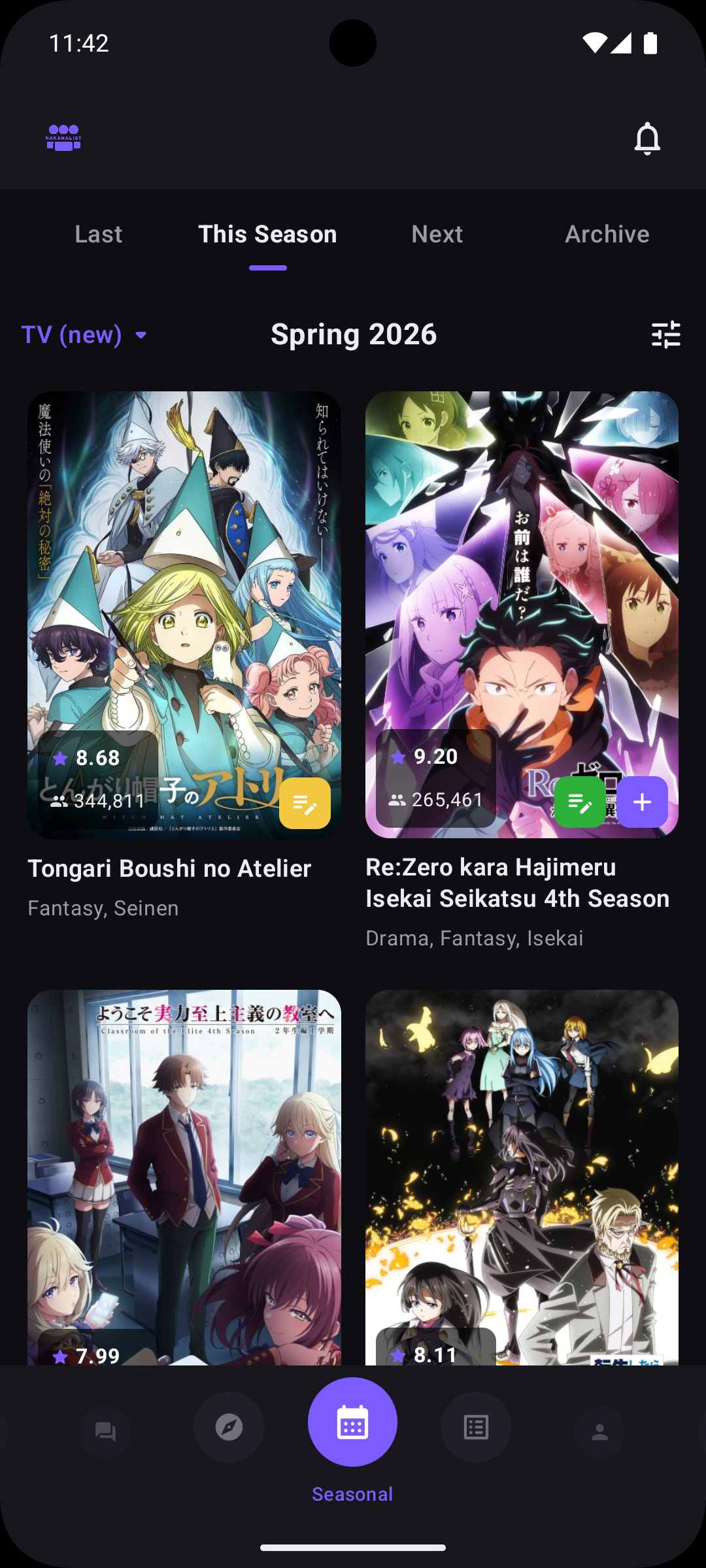 Seasonal anime browser in NakamaList