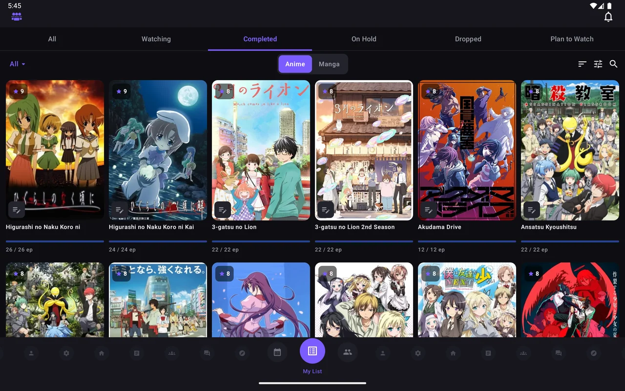 My List on an Android tablet, the list and a title side by side