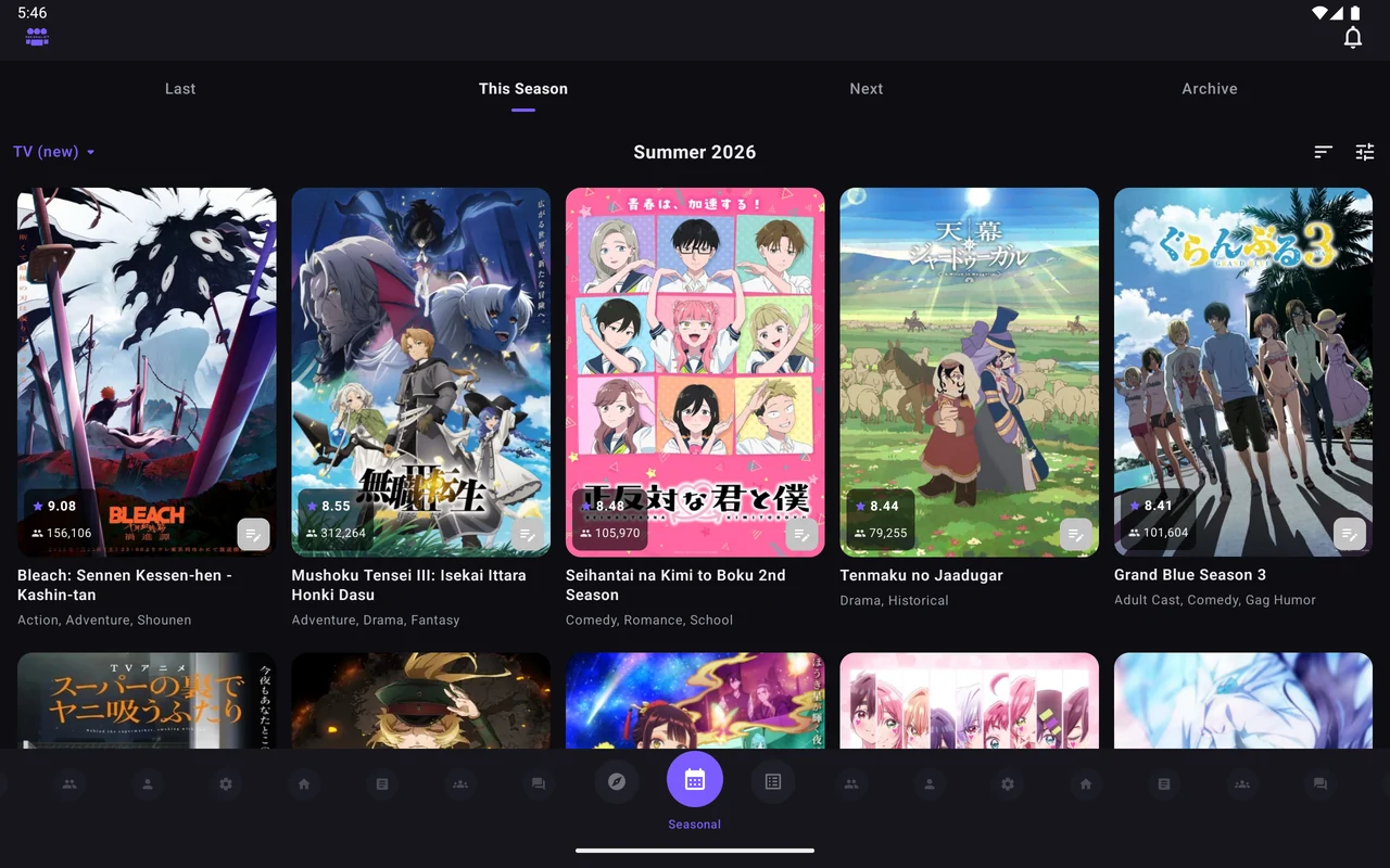 Seasonal anime chart on an Android tablet as a wide grid of posters